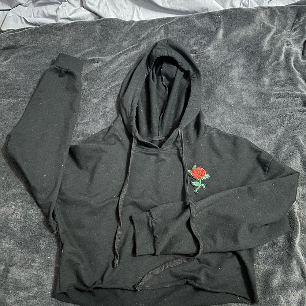 Black Hoodie with Rose Embroidery